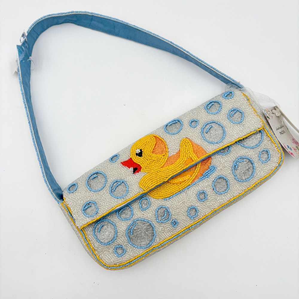 Whimsical Beaded Rubber Duck Bath Baguette Shoulder Bag Blue Yellow - Picture 2 of 8